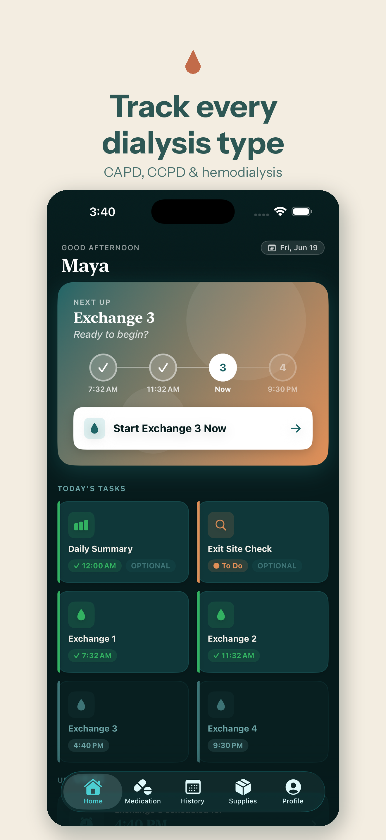 Simulated DiaLog CAPD dashboard showing exchange progress, due exchange, and daily tasks.