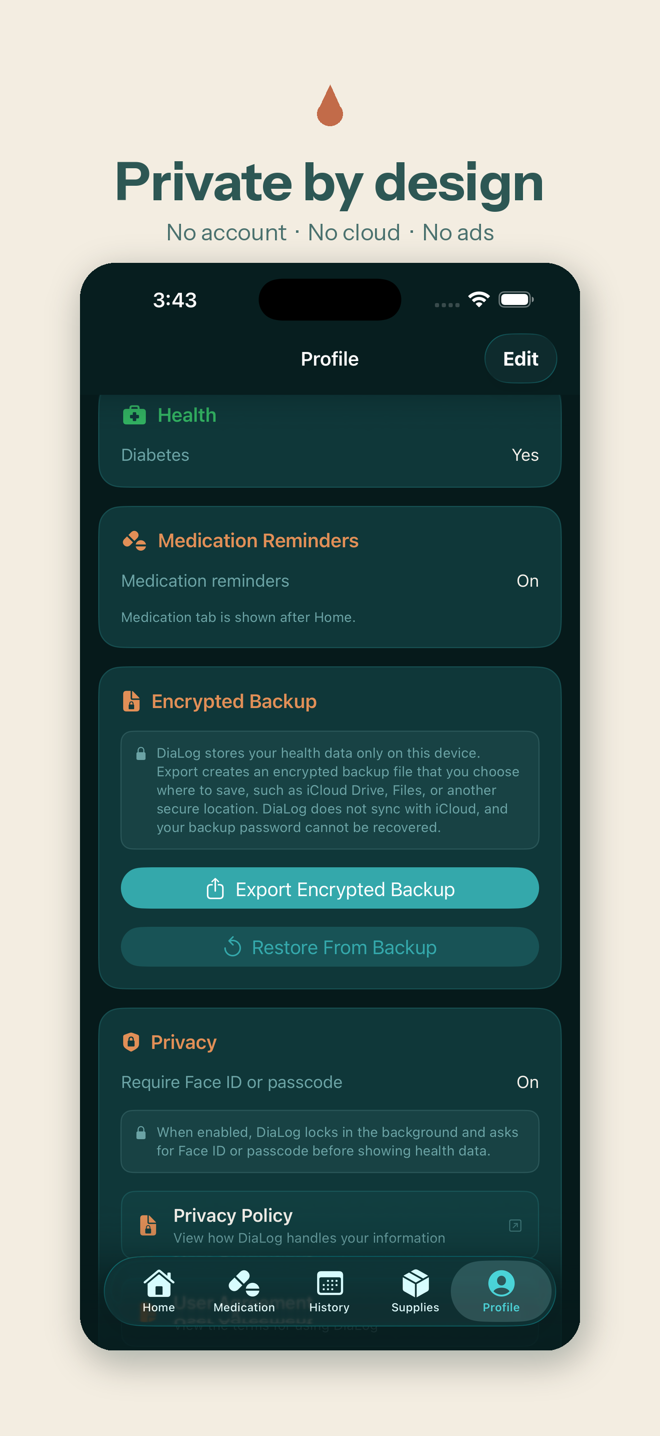Simulated DiaLog profile screen showing backup export, import backup, and privacy settings.