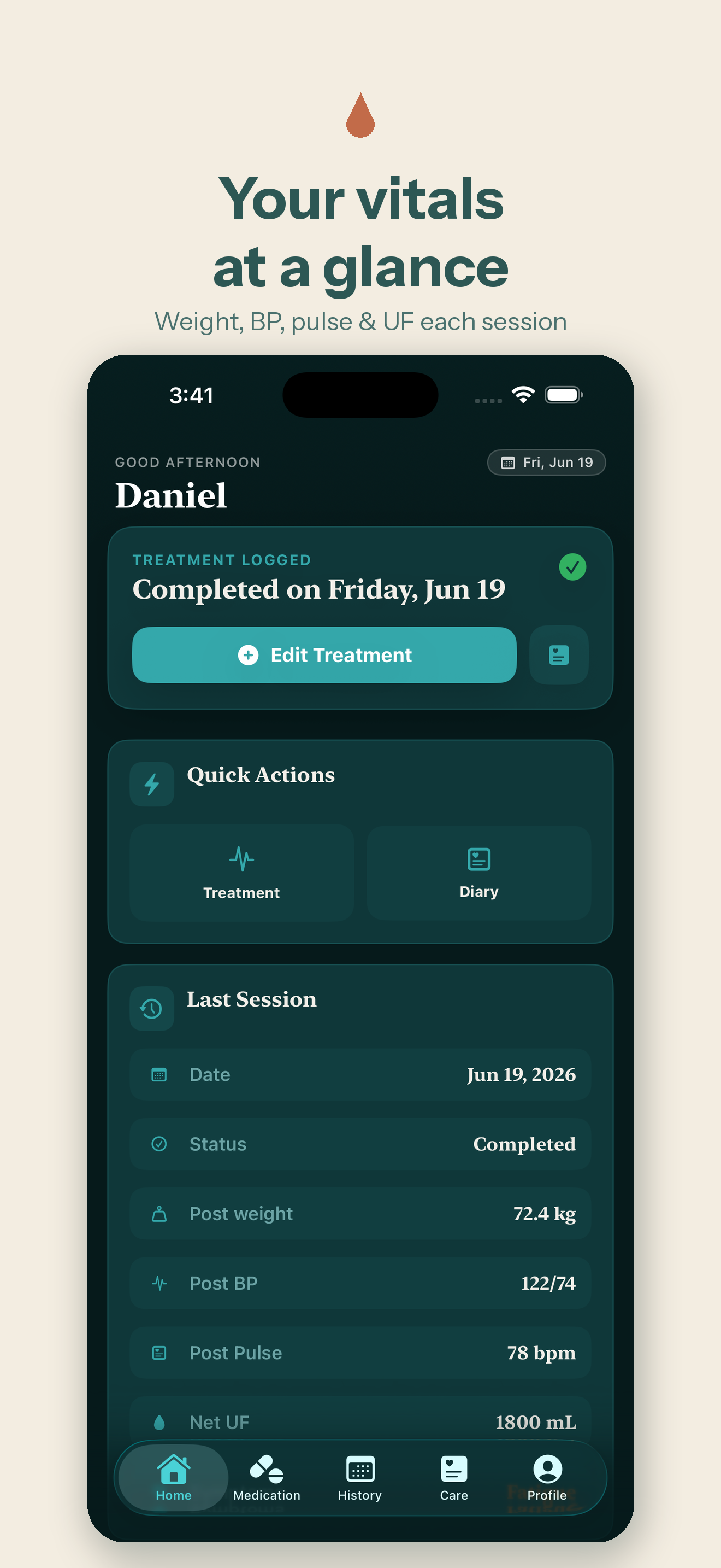 Simulated DiaLog hemodialysis dashboard showing next treatment, quick actions, and recent session metrics.
