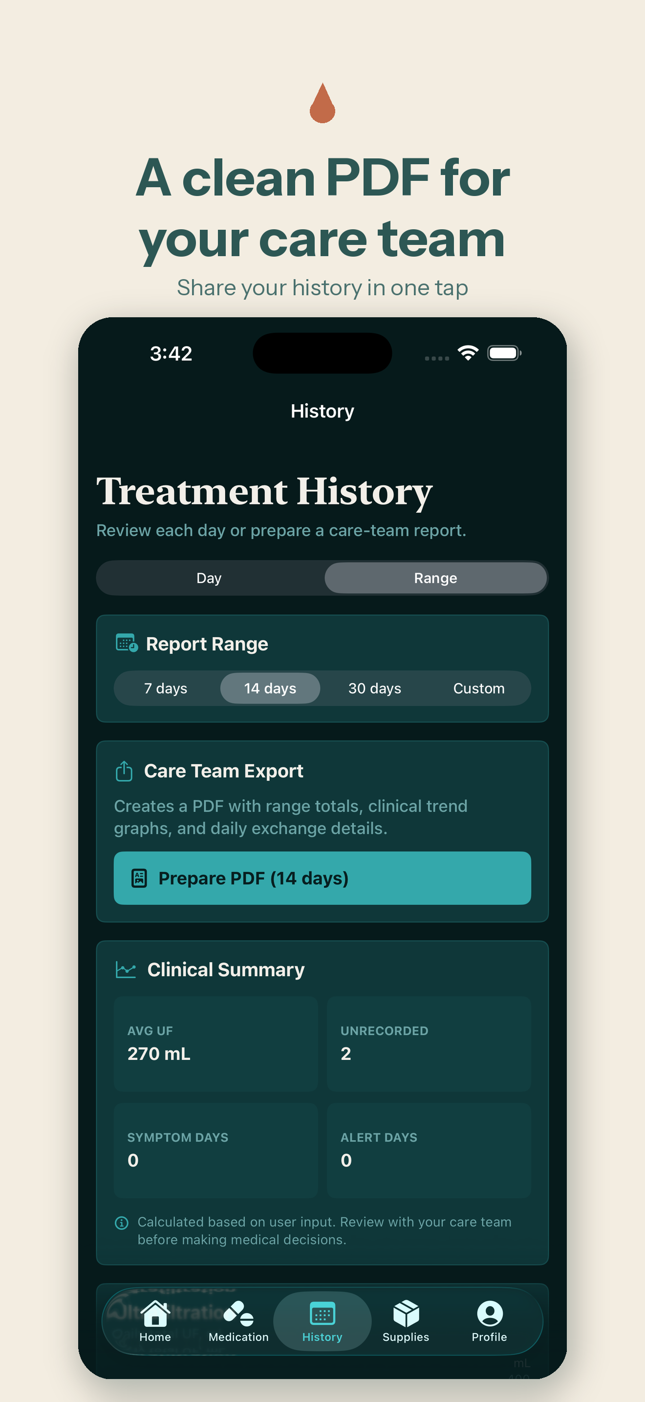 Simulated DiaLog history and PDF reports screen showing a report range, export action, and record summary.