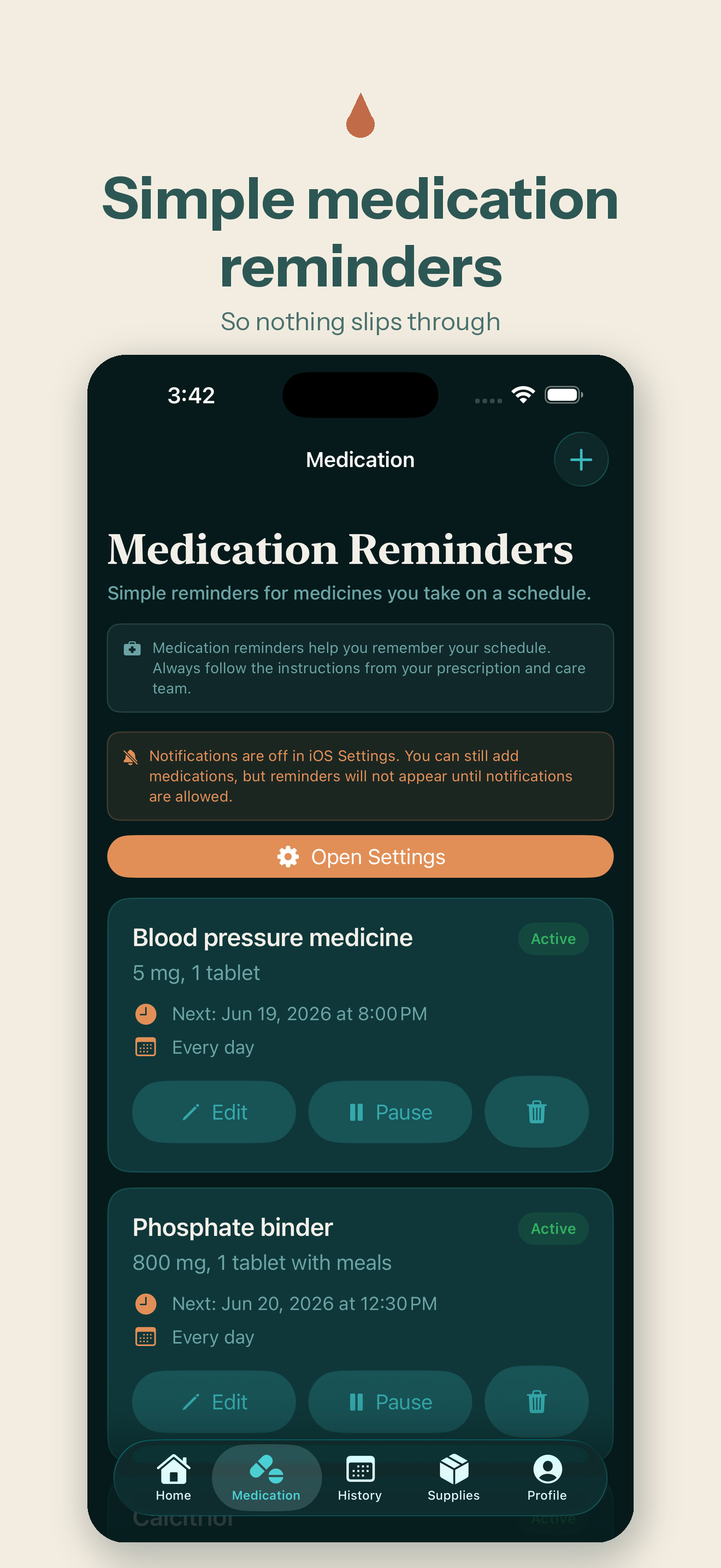 Simulated DiaLog medication reminders screen showing active medication reminder rows.