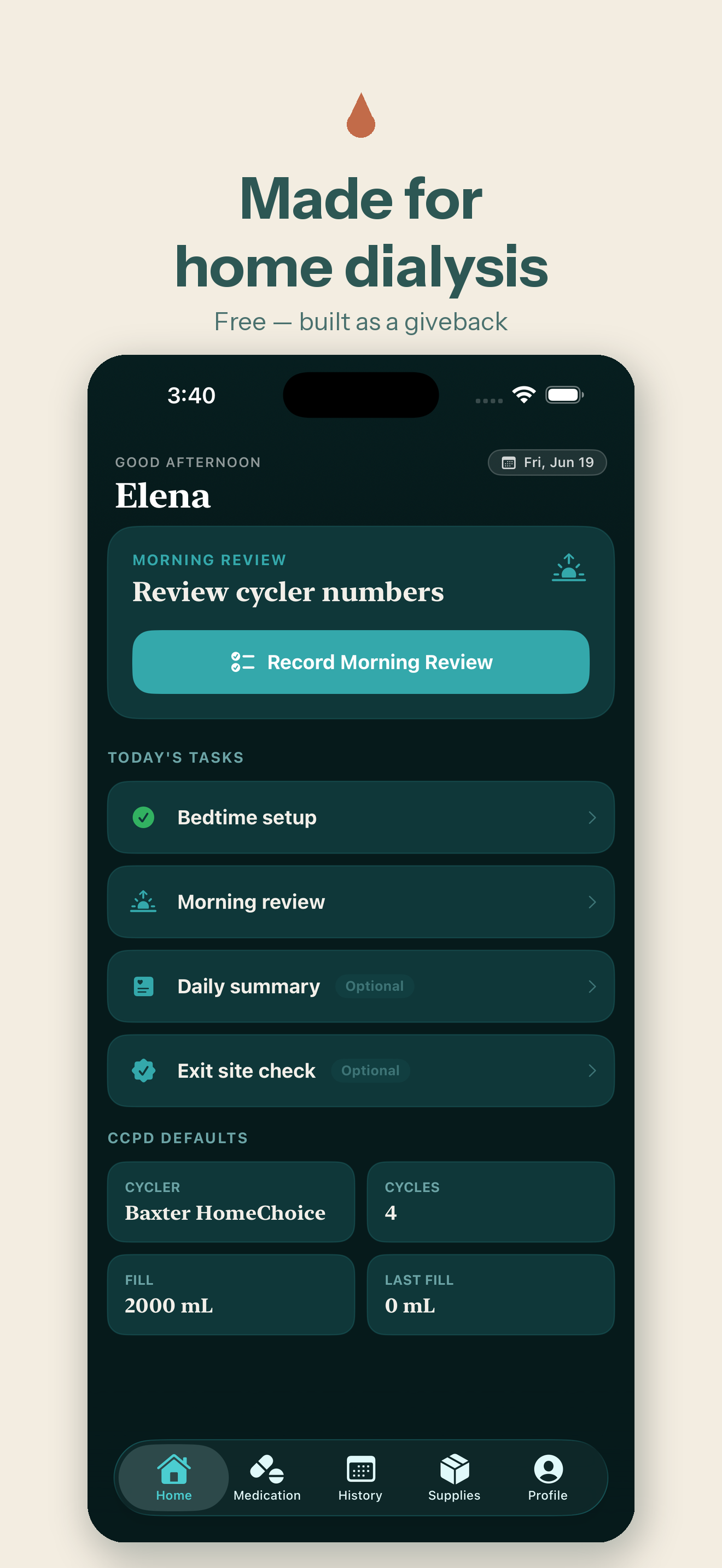 Simulated DiaLog CCPD dashboard showing morning review, daily tasks, and prescription defaults.